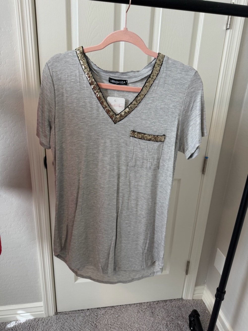 Gray V-Neck Tee with Gold Sequin Trim